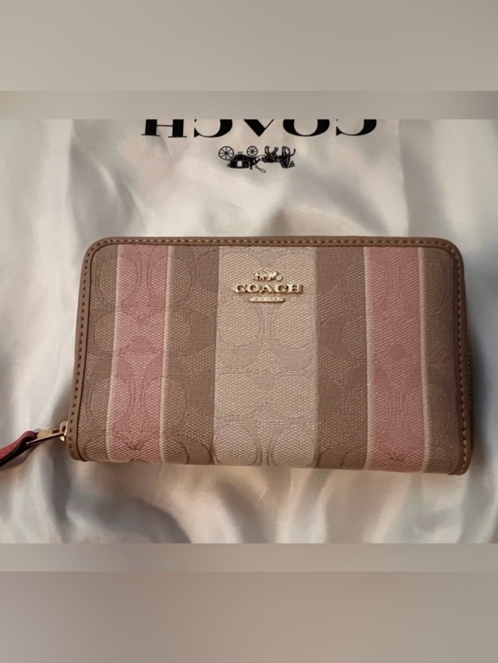 Coach Striped Signature Zip Wallet in Pink, Tan & Cream